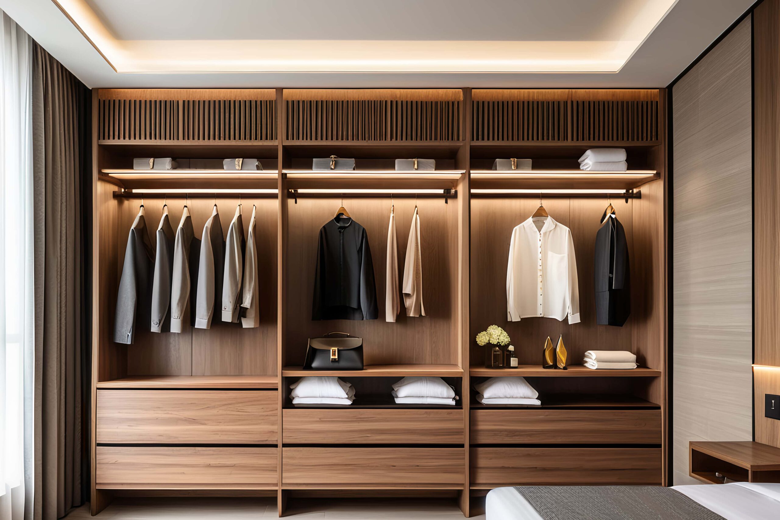Features wooden closet
